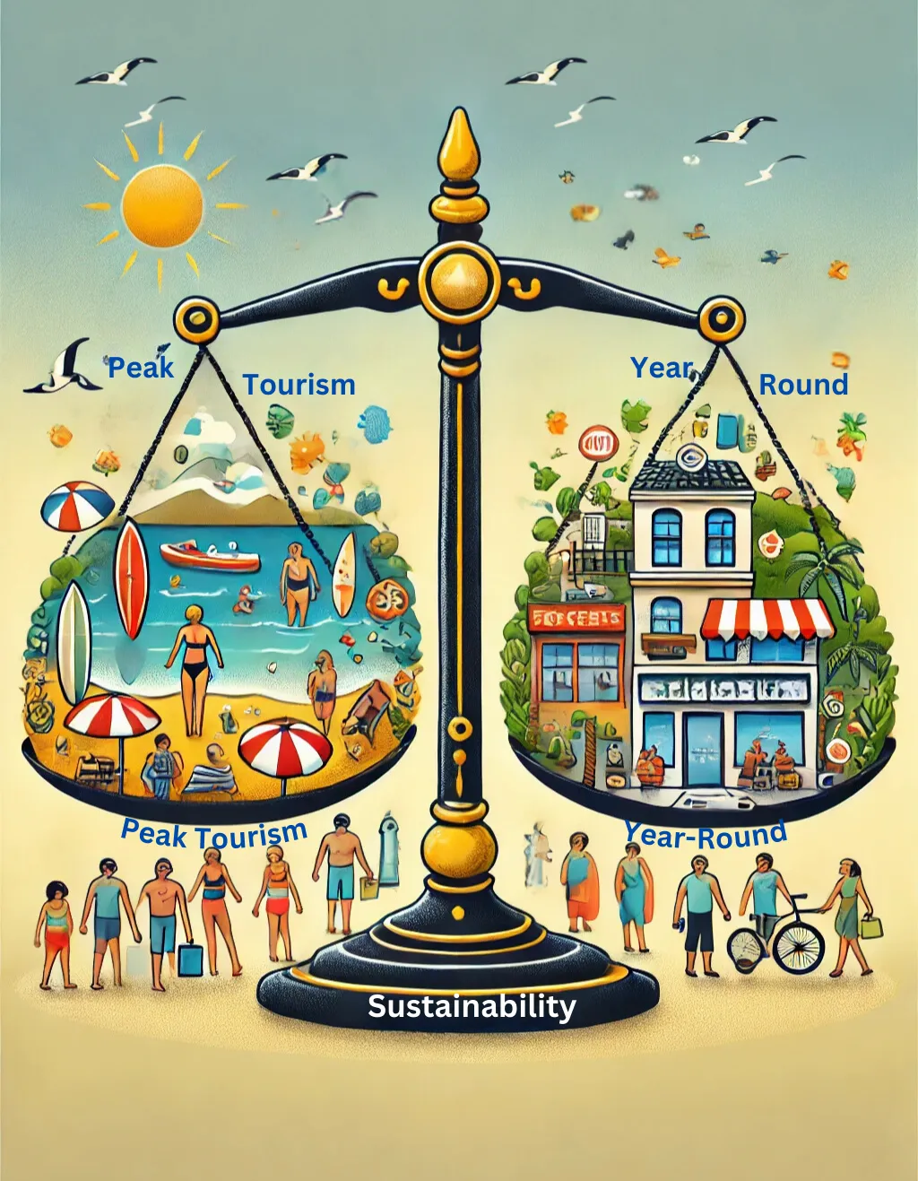 Scale illustration of peak season optimization balanced with sustainable year-round growth, set on a beach backdrop with tourists, umbrellas, boardwalk, and local shops.