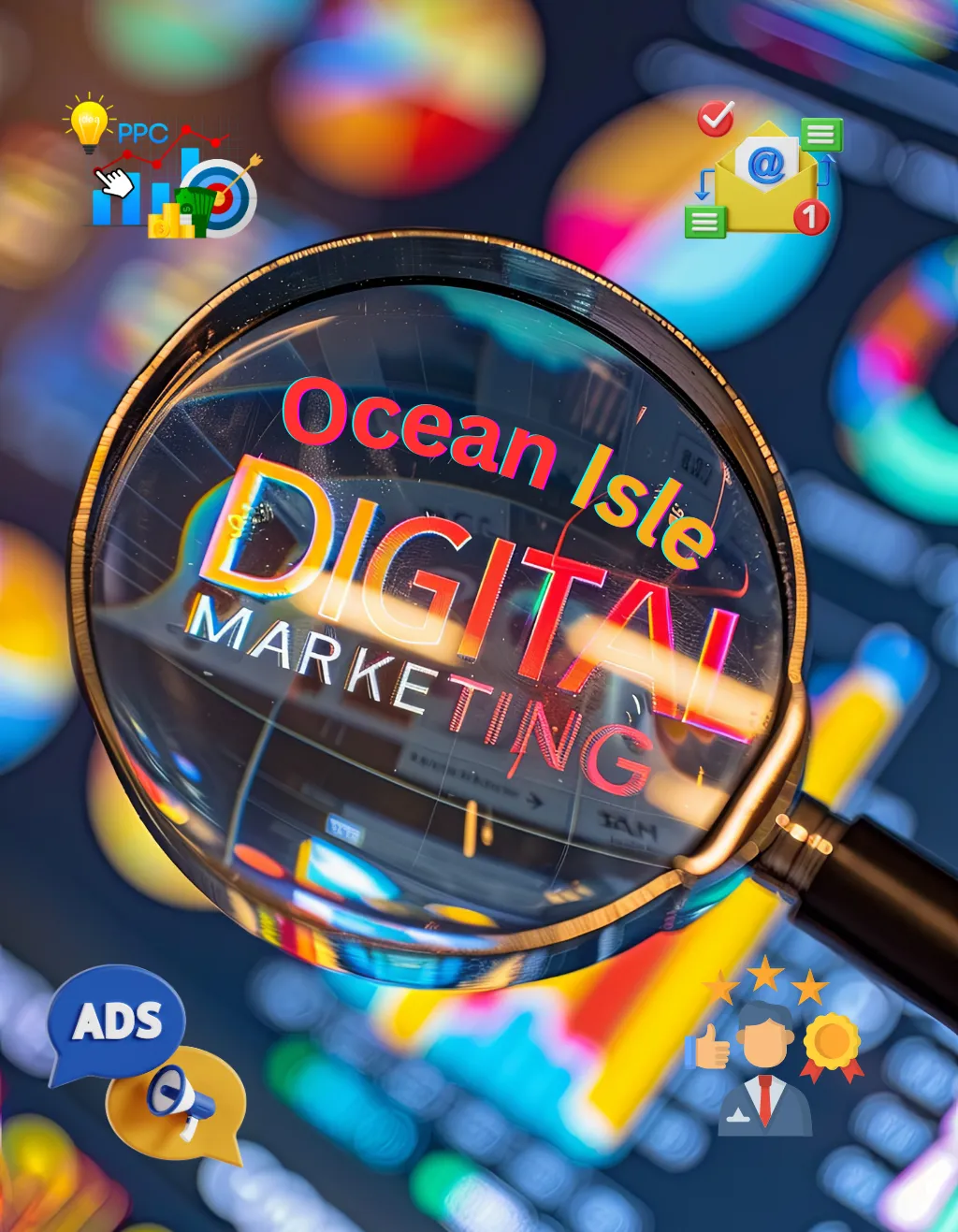 A digital composition illustrating comprehensive digital marketing for Ocean Isle businesses, centered on a computer screen with a search results page displaying paid ads. Icons for PPC, email marketing, SMS campaigns, and reputation management surround the screen, along with symbols representing local industries.