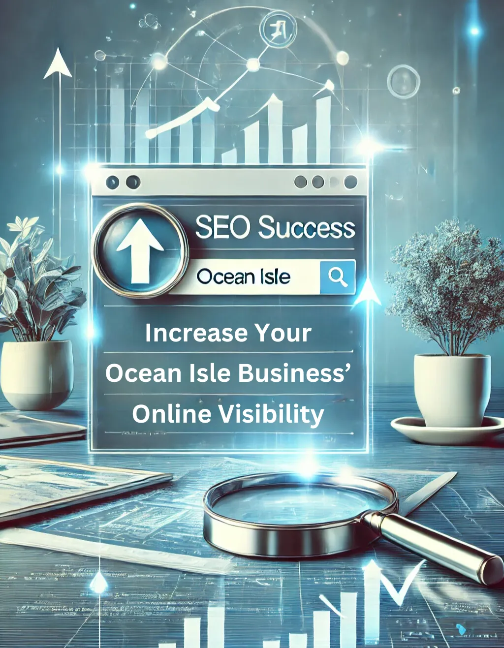 A digital artwork representing SEO success for Ocean Isle businesses, featuring a highlighted SERP listing, magnifying glass icons, upward arrows, and local elements like ocean waves and a lighthouse. Chain links symbolize link building, and a map pin highlights local SEO focus.