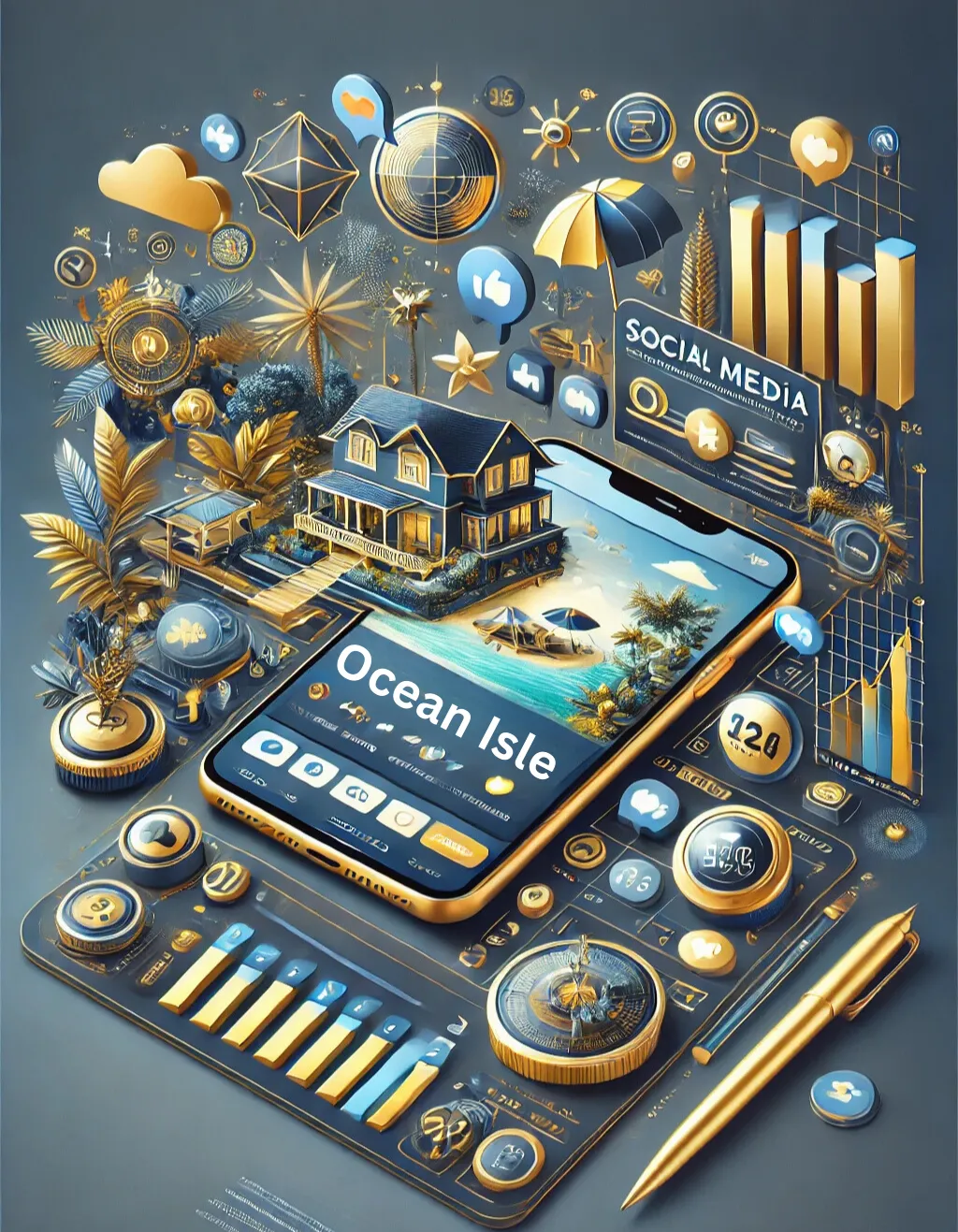 A digital collage showcasing social media marketing for Ocean Isle businesses, centered on a smartphone with a post, surrounded by likes, shares, comments, and industry visuals like vacation rentals and home maintenance. Ocean wave motifs, palm leaves, and analytics icons highlight local charm and performance tracking.