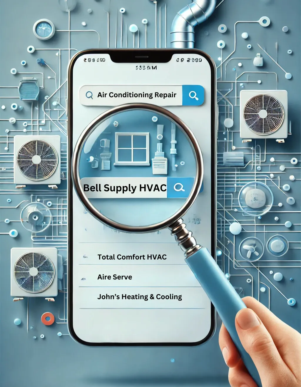 Magnifying glass over smartphone showing HVAC website in search results. Industry keywords float around heating and cooling icons.