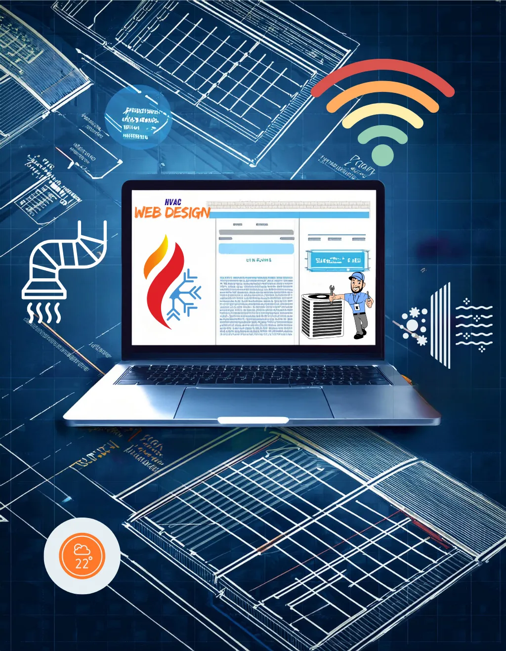 Laptop showing HVAC website mockup, surrounded by thermostat, air filters, and ductwork. Heating and cooling icons float above