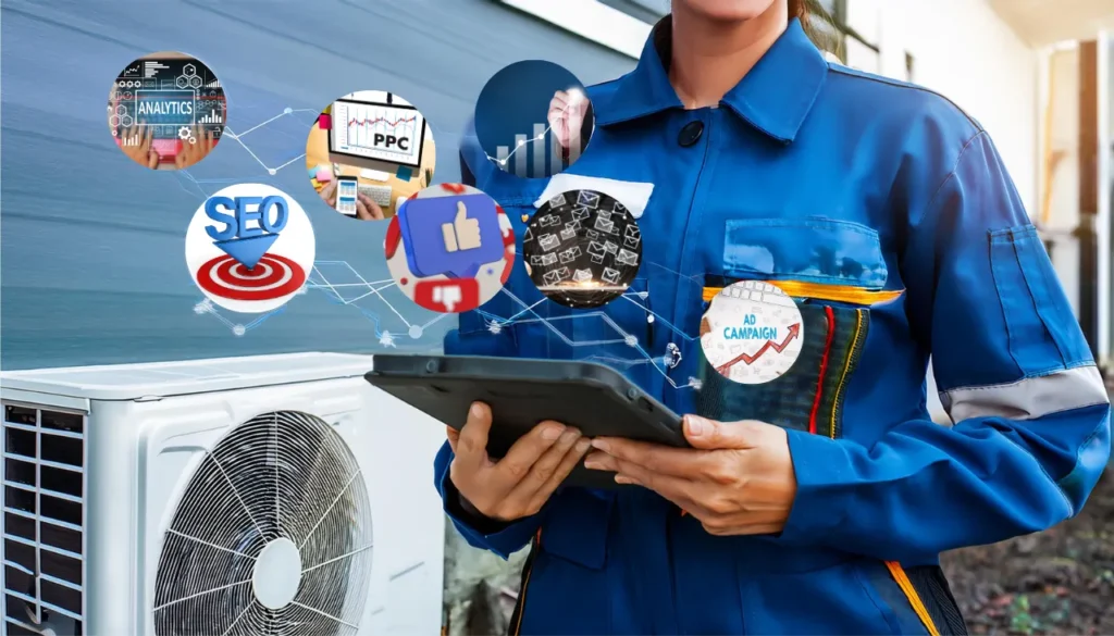 An Hvac Technician Stands Next To Heating And Cooling Equipment While Holding A Tablet Displaying Graphs And Analytics. Digital Marketing Icons Blend Subtly Into The Background.