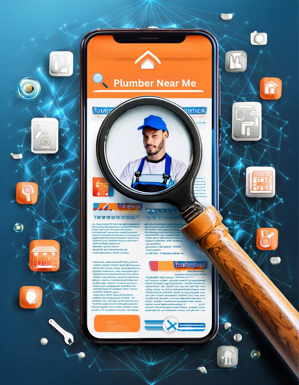 Magnifying glass over smartphone showing plumber website in search results. Plumbing keywords float around.