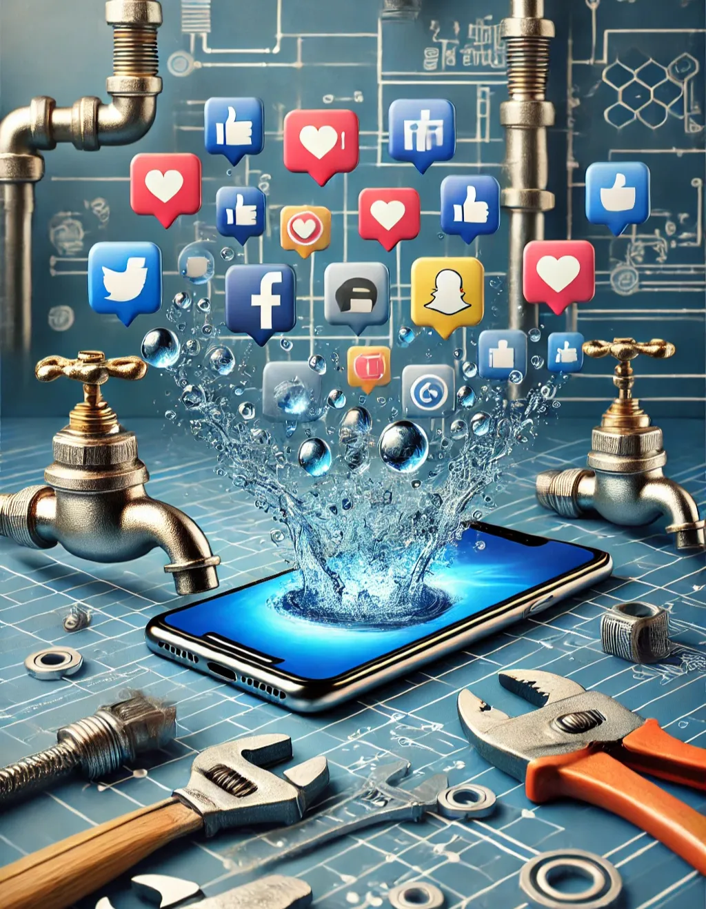 Smartphone with social media icons and water droplets. Plumbing tools form network diagram around it.