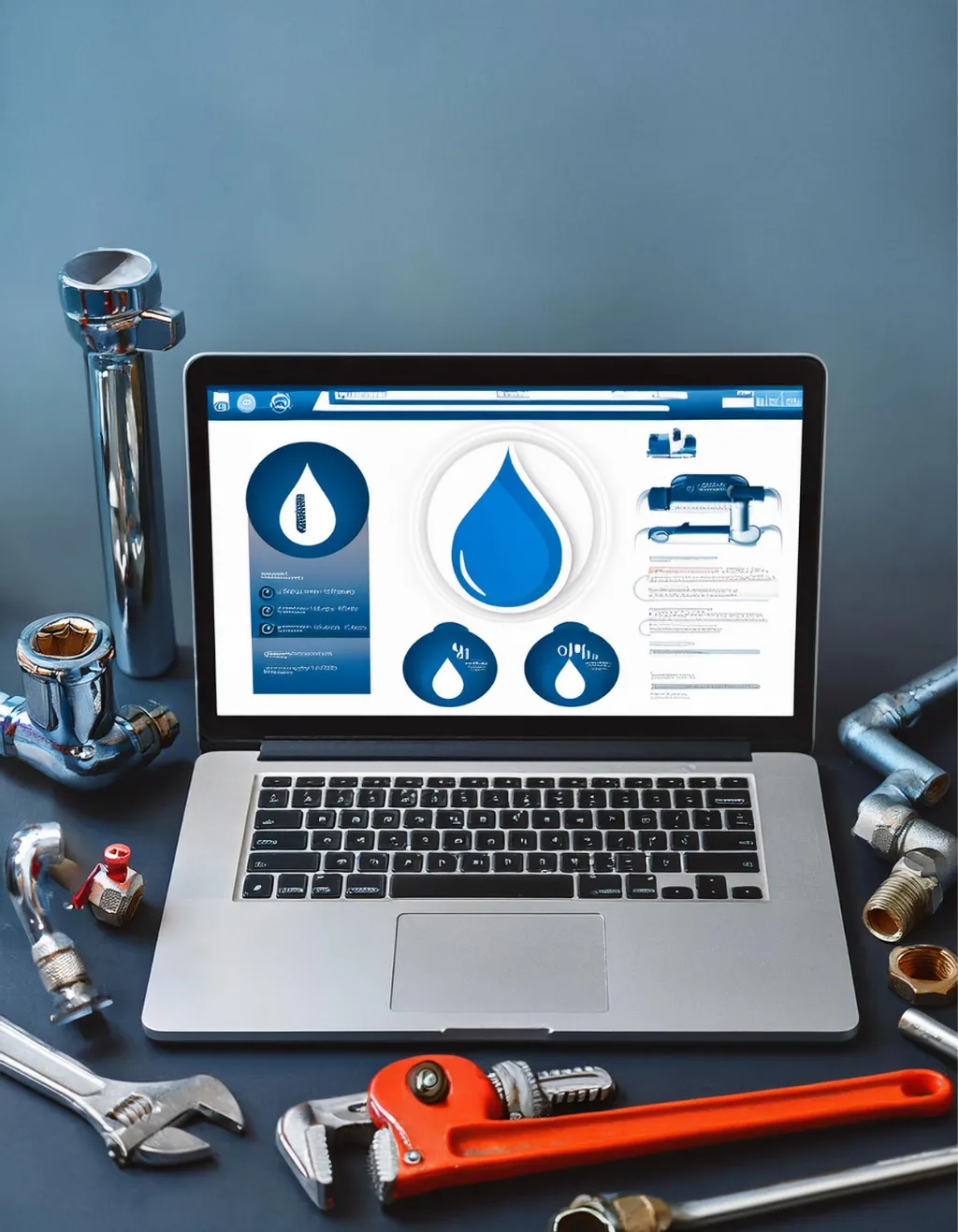 Laptop showing plumber website mockup, surrounded by wrenches, pipes, and faucets. Water droplet logo visible